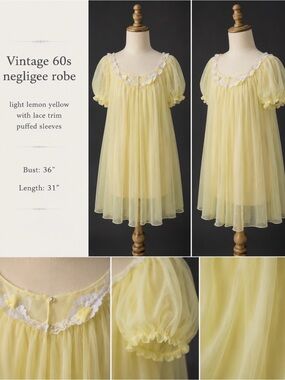 Radcliffe- Vintage 60s -Light Lemon Puffed Sleeves Chiffon Negligee Robe